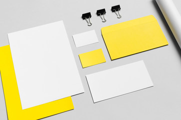 Branding / Stationery Mock-Up - Yellow & White - Letterhead (A4), DL Envelope, Compliments Slip (99x210mm), Business Cards (85x55mm), Mailing Tube - obrazy, fototapety, plakaty