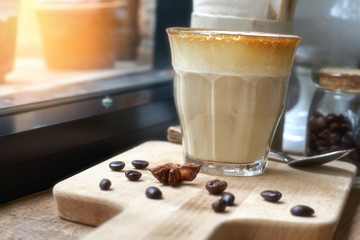Coffee cup of cappuccino and cookie .effect soft focus style blur and noise.