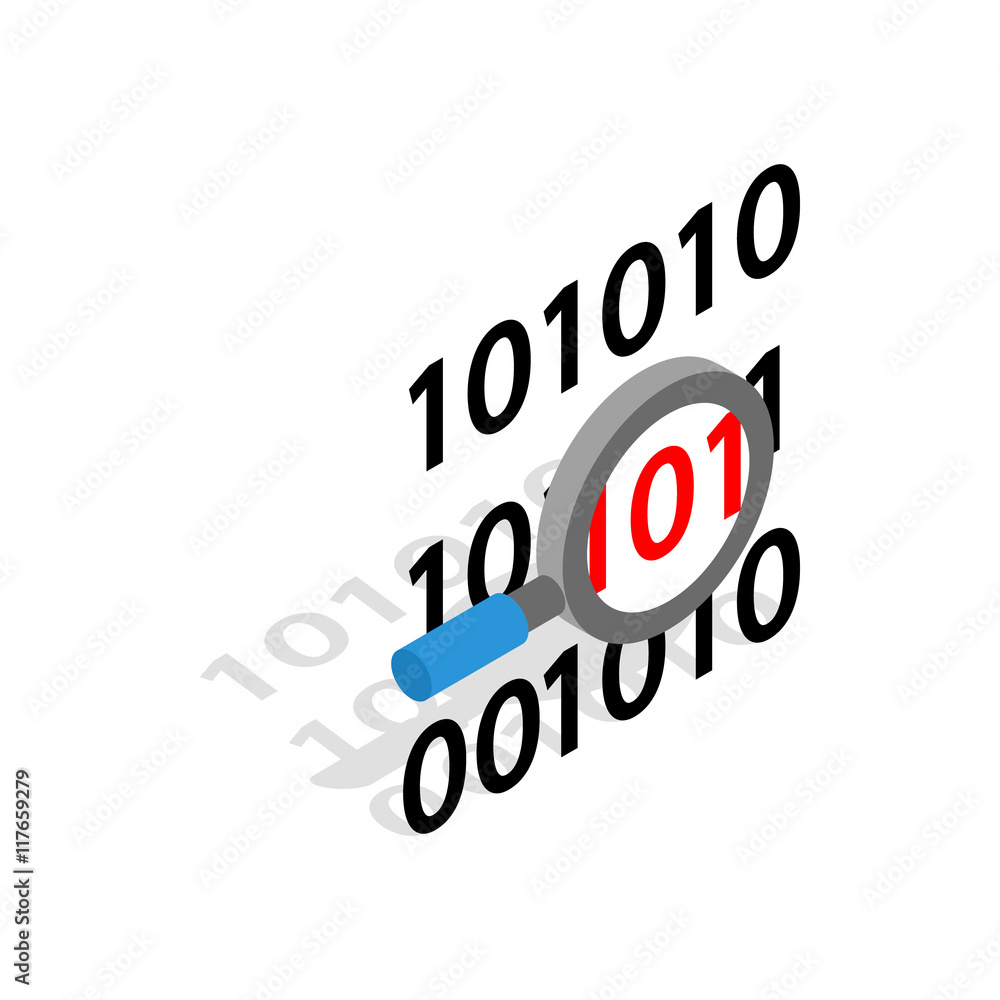 Poster binary code and magnifying glass icon in isometric 3d style on a white background