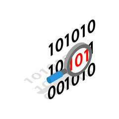 Binary code and magnifying glass icon in isometric 3d style on a white background