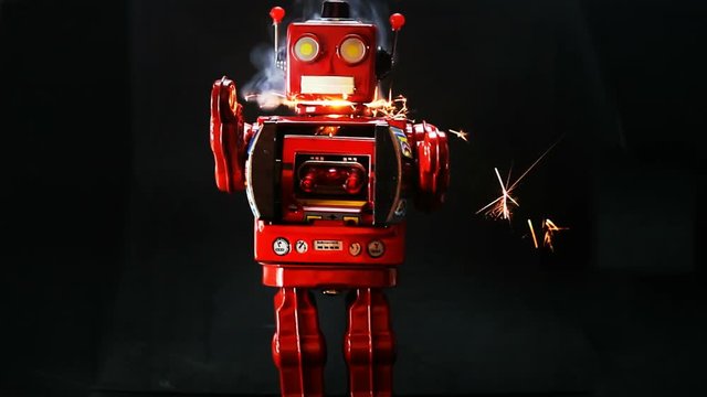 retro robot marching into frame 