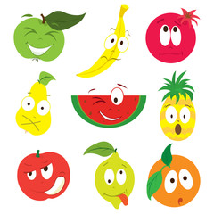 Cartoon apple, banana, pomegranate, pear, watermelon, pineapple, peach, lemon, orange