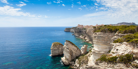 View of Bonifacio old town built on top of cliff rocks, Corsica