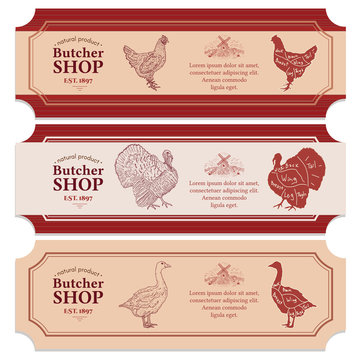 Butcher shop labels meat chicken goose turkey vector banners