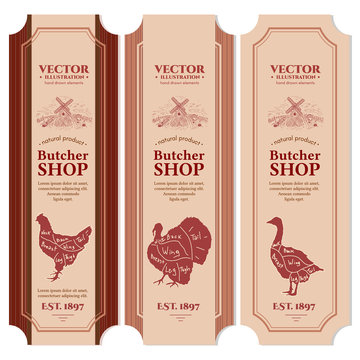 Meat chicken goose turkey butcher shop labels vector banners
