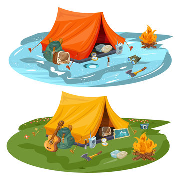 Camping hiking and outdoor recreation cartoon vector