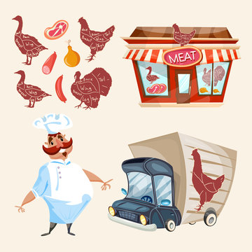 Butcher shop fresh meat cook delivery truck vector set