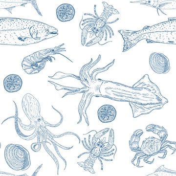 Sea food seamless pattern vector