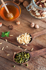 Nuts on wooden table