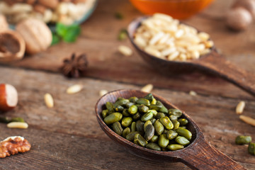 Nuts on wooden table