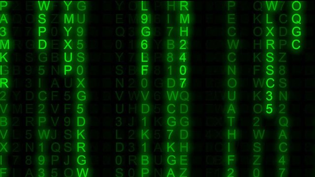 Code rain (random computer symbols falling down): a popular sci-fi movie effect; obscure technology; source code, hacking, AI takeover. Front (near) 15 seconds version.
