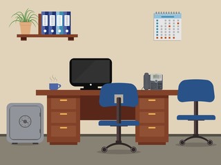 Workplace of office worker. Vector flat illustration. On the picture the desktop, a chairs, the  computer, a phone, a safe, folders and other objects in blue colors are represented