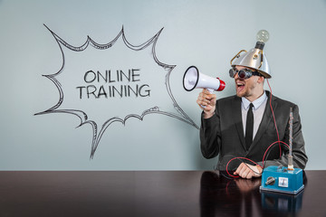 Online training text on speech bubble with vintage businessman
