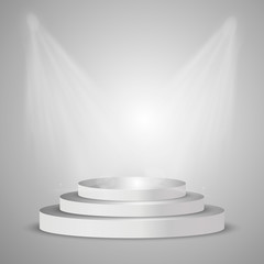 Fototapeta premium Illuminated round white stage podium, pedestal. Vector illustration.