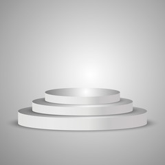 Illuminated round white stage podium, pedestal. Vector illustration.