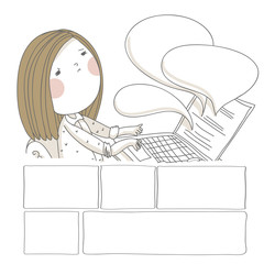 Vector illustration. Girl is looking at new complaints from customers. 