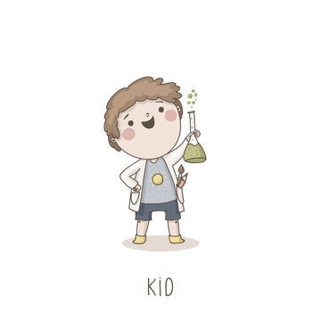 Kids activity vector illustration. Cute boy with chemical flask