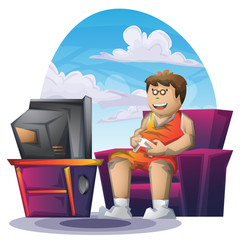 Cartoon vector fat boy playing game with separated layers for game and animation, game design asset