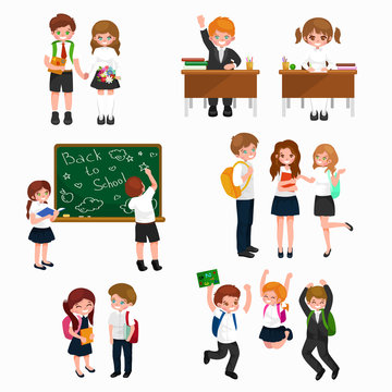 vector illustration of happy children doing different fun activities at school like painting,studying,learning and jumping