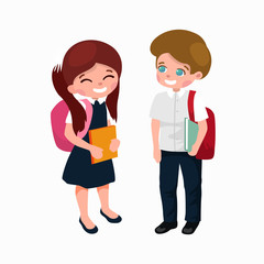 little girl and boy with school backpack and books, back to school concept