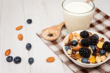 Breakfast with ripe berries, milk and muesli. Selective focus