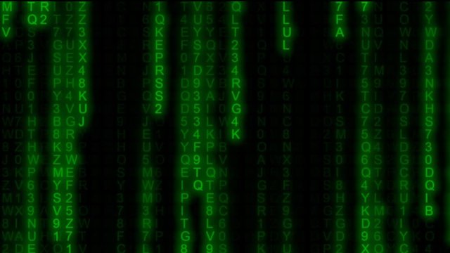 Code rain (random computer symbols falling down): a popular sci-fi movie effect; obscure technology; source code, hacking, AI takeover. Middle distance, 15 seconds version.

