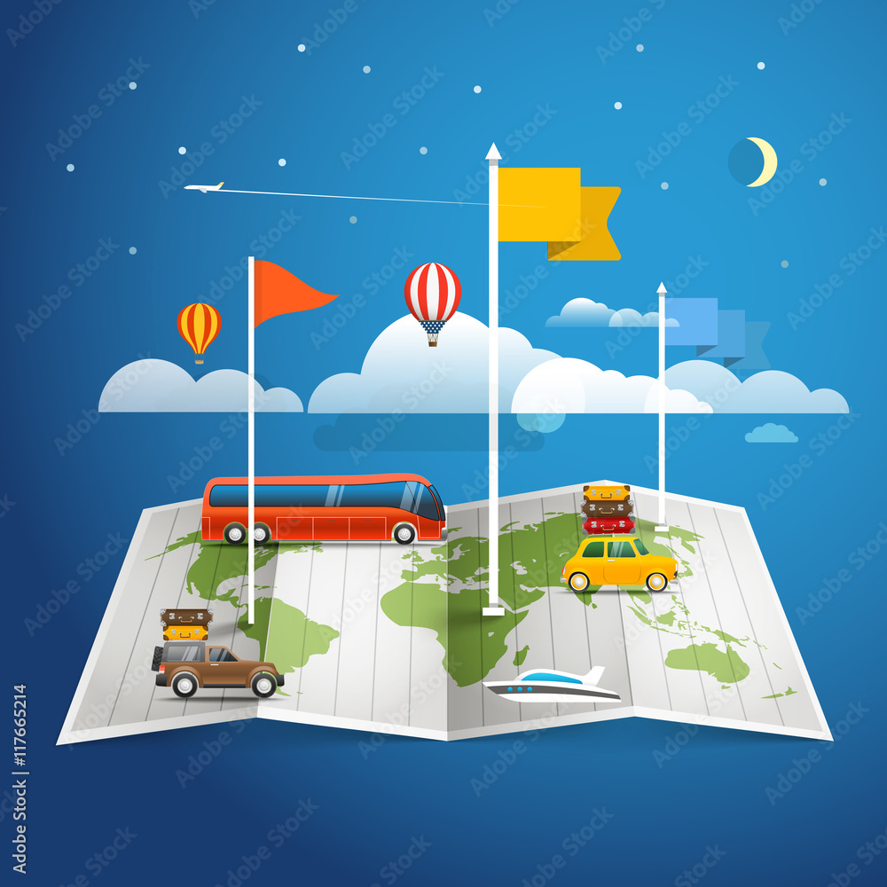Poster world map with different marks and transport. design elements