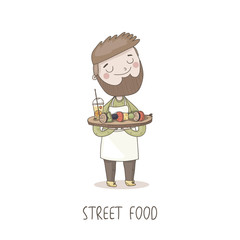 Cute bearded man is holding wooden plate with organic food. Street food. Vector character.  - 117665222