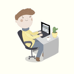 Boy is sitting in front of laptop. Freelancer. Vector illustration.  - 117665275