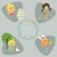Four little princesses. Cartoon illustration. Easter time.