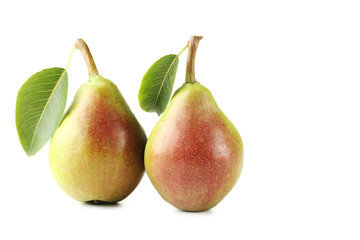 Ripe pear with leaf isolated on a white