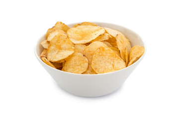 White round bowl full of potato chips, isolated on white background.