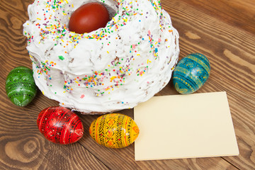 Colorful Happy Easter baking background. Blank, greeting easter card
