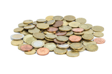 Heap of different Euro coins isolated on white background.