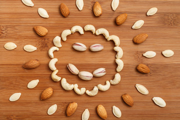 Happy smile, composition of food background. Top view, flat lay