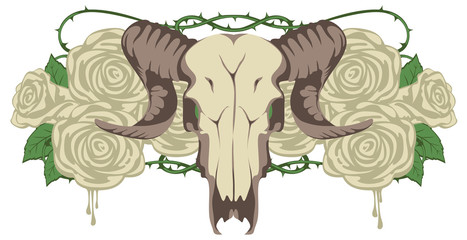 emblem with skull sheep and flowers roses