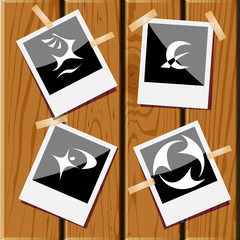 recycle symbol, monetary sign, abstract little man, deer.