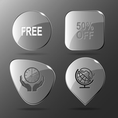 4 images: free, 50% OFF, clock in hands, globe and handset. Busi