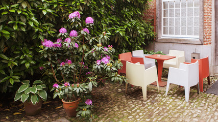 Cozy cafe on teracce with flowers and trees