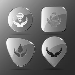 4 images: pharma symbol in hands, protection sea life, protectio