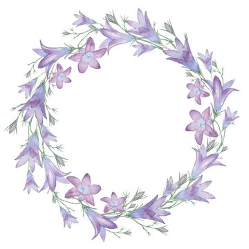 round frame with flowers and bells 2. Watercolor painting. Hand drawing. Decorative element for greeting card, Invitation card.