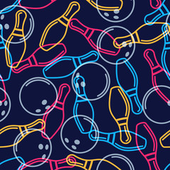 Vector bowling seamless black pattern. Multicolor background and outline design elements. Bowling ball, bowling pins, shoes illustration. Design for fashion textile print, wrapping, web background. - 117674072