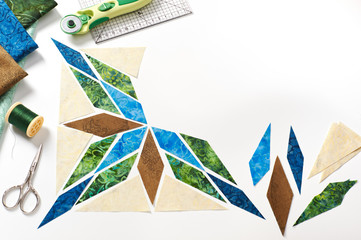 Design of  element quilt in progress, prepared cut pieces, top view