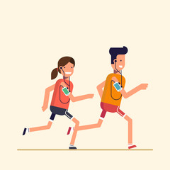 Fototapeta na wymiar Trendy flat, thin line character design isolated on beige background. Man and woman listening to music on your phone or player while jogging, sports training. Vector cartoon illustration.