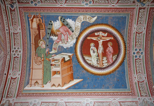 l'evangelista Matteo e la crocefissione; affresco della volta della chiesa si S. Elena presso Nova Ponente