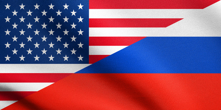 American and Russian flags together with fabric texture