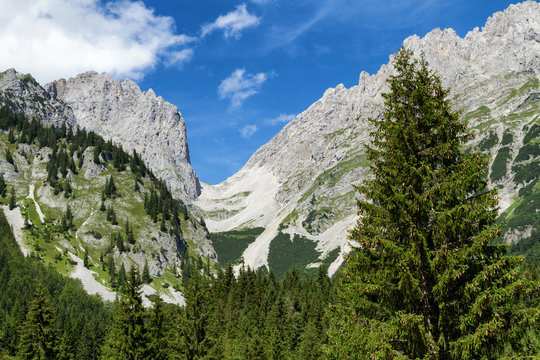 Mountain range high mountains Ellmauer Tor austrian travel destination Wilder Kaiser chain, Tyrol.