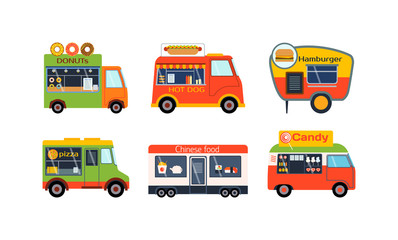 Street food festival color trailers labels set, van restaurant. Cafe urban food truck trailers, mobile market, event and transport. Vector illustration food truck trailers, fast delivery service.