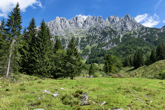 View of Wilder Kaiser Mountains summer alpine landscape, Austria, Tyrol.