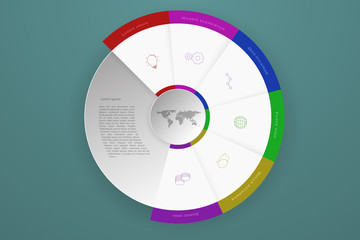 Six steps timeline business infographics that can represent process or workflow with outline icons in modern colors. Modern 6 steps infographics with dropped shadow, 3D circle and dotted world map.
